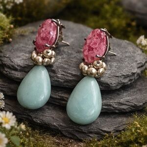 Mars and Valentine Sterling Silver Pink Intaglio & Pearl Drop Earrings